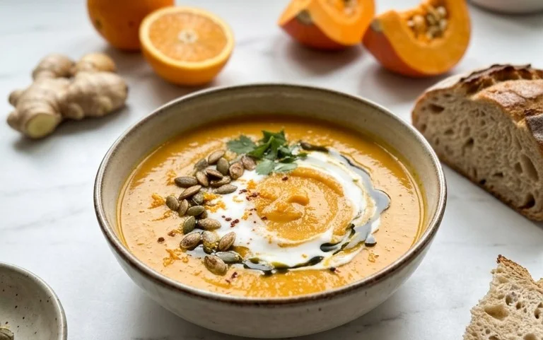 Cremige Kokos-Kürbissuppe mit Ingwer und Orange