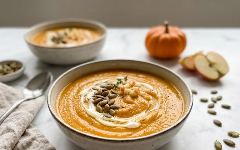 Kürbis-Apfel-Cider-Suppe: Samtige Suppe mit karamellisierten Äpfeln
