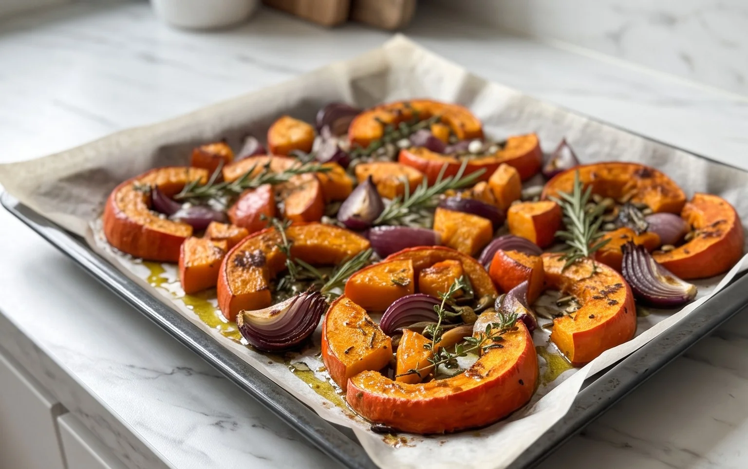 Kürbisgemüse vom Blech: Schnell, knusprig und aromatisch
